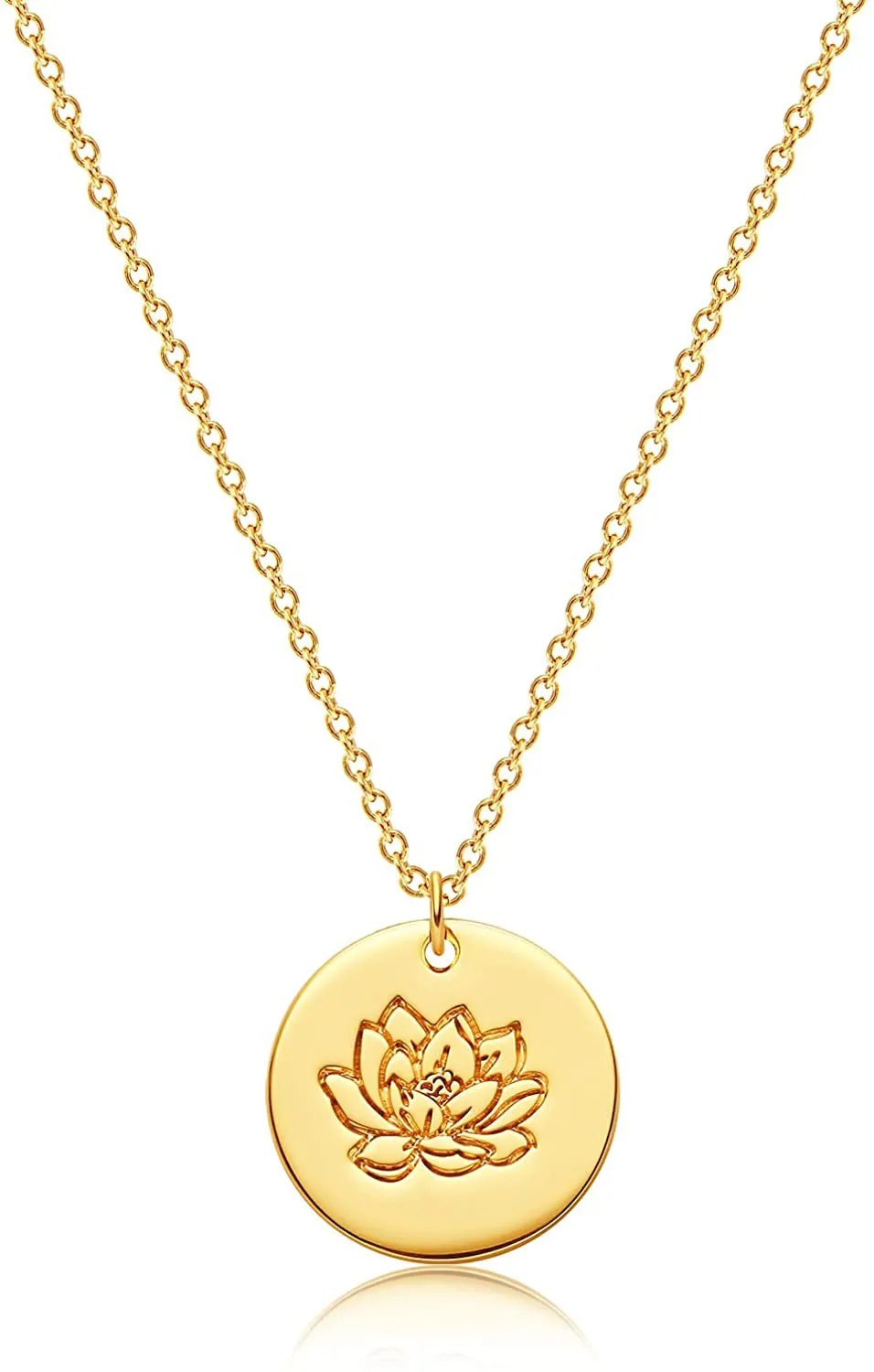 MEVECCO Birth Flower Necklace 18K Gold Engraved Custom Floral Pendant Necklaces Dainty Birth Month Flower Disc Charm Hand Stamped Flower Disk Necklace Personalized Jewelry Birthday Gift for Her
