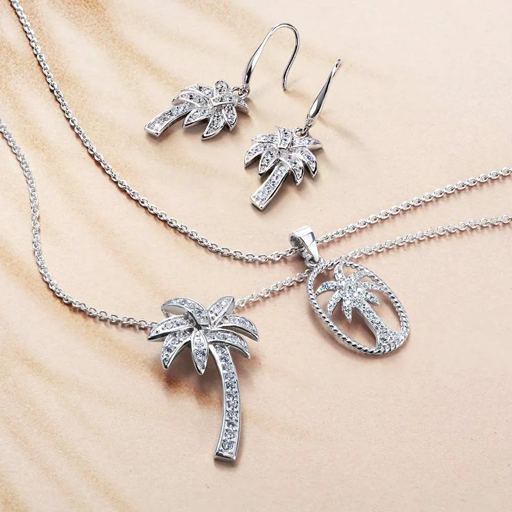 Nautical Beach CZ Palm Tree Dangle Chandelier Earrings in Sterling Silver