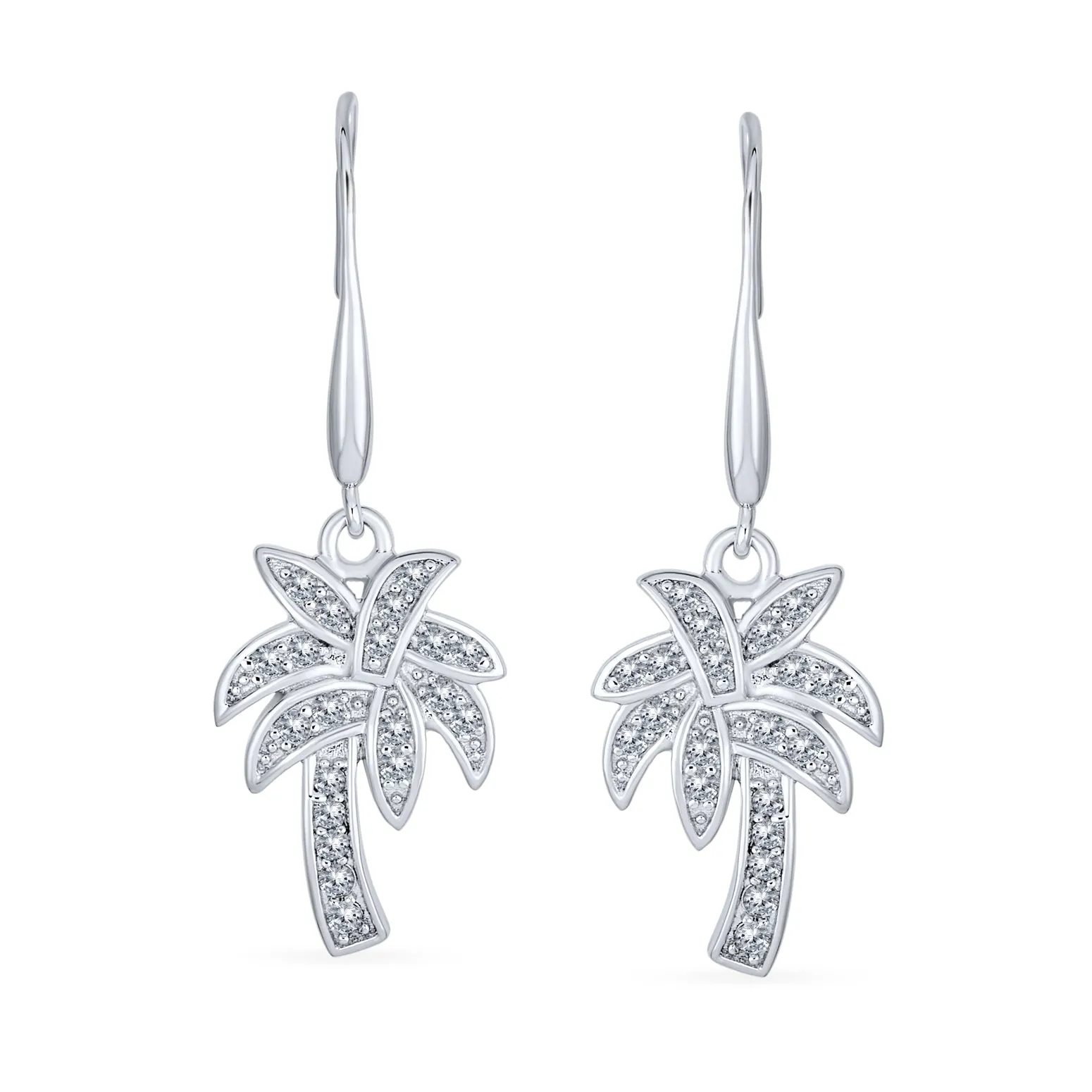 Nautical Beach CZ Palm Tree Dangle Chandelier Earrings in Sterling Silver