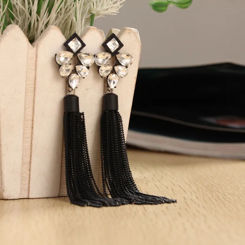 New fashion personality metal chain tassel long earrings rhinestone gold plated jewelry