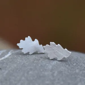Oak Leaf Studs in Brushed Recycled Silver