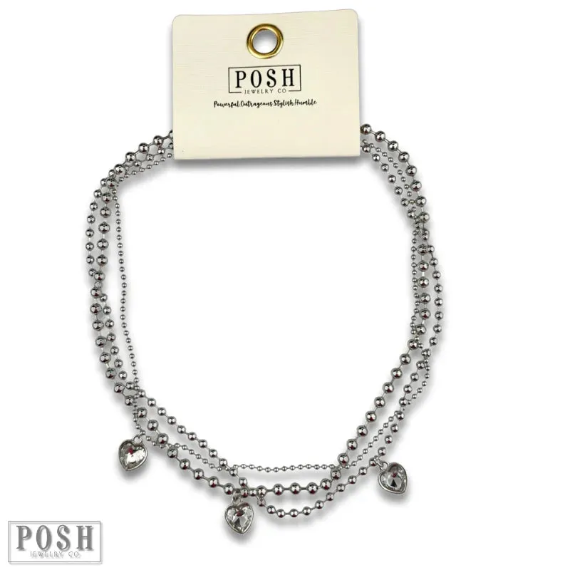 Posh Jewelry Co. Three Strand Rhinestone Heart Charm Necklace In Gold Or Silver