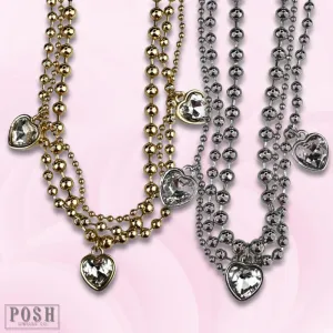 Posh Jewelry Co. Three Strand Rhinestone Heart Charm Necklace In Gold Or Silver