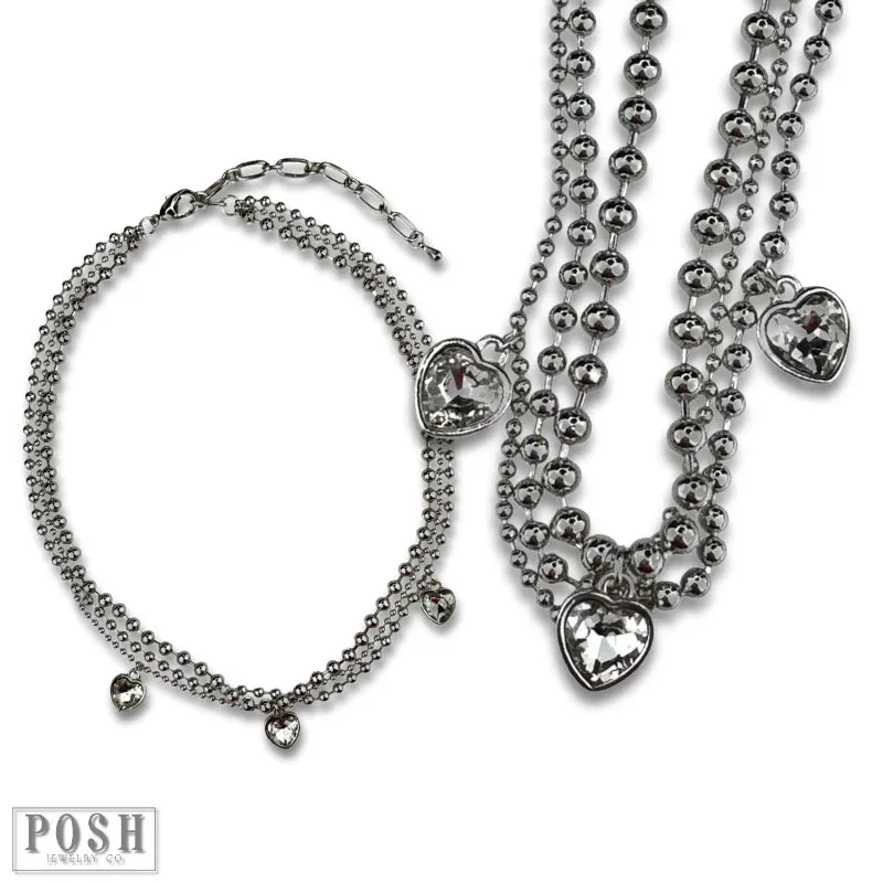 Posh Jewelry Co. Three Strand Rhinestone Heart Charm Necklace In Gold Or Silver