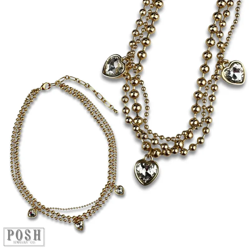 Posh Jewelry Co. Three Strand Rhinestone Heart Charm Necklace In Gold Or Silver