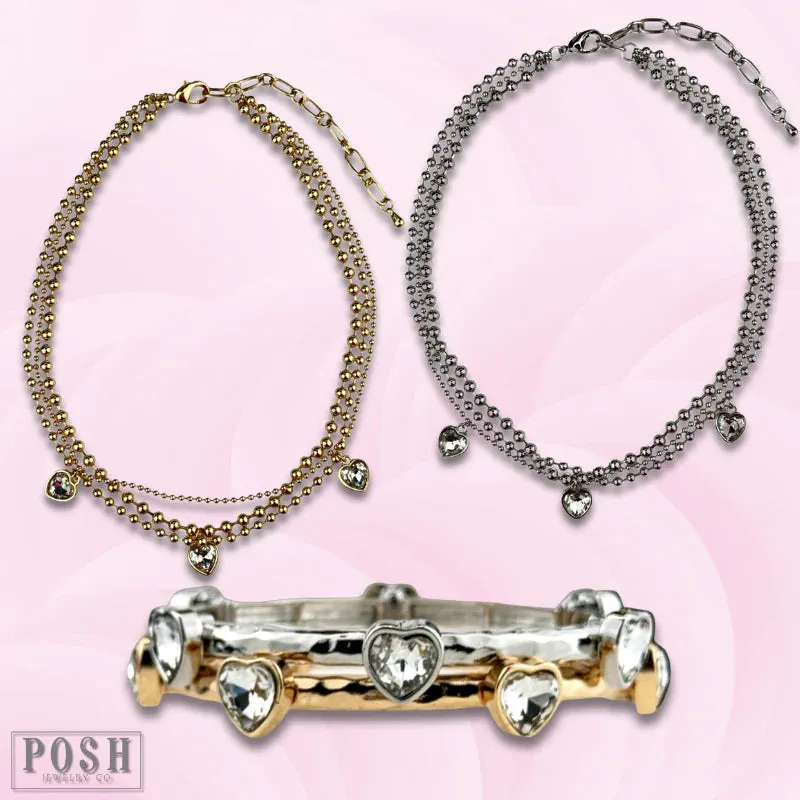 Posh Jewelry Co. Three Strand Rhinestone Heart Charm Necklace In Gold Or Silver