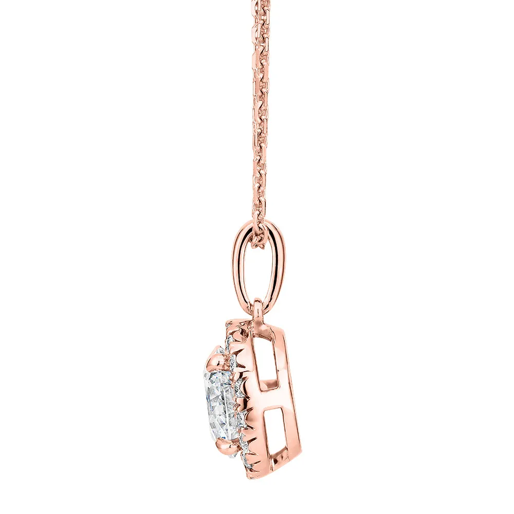 Premium Certified Laboratory Created Diamond, 1.19 carat TW round brilliant halo pendant in 14 carat rose gold