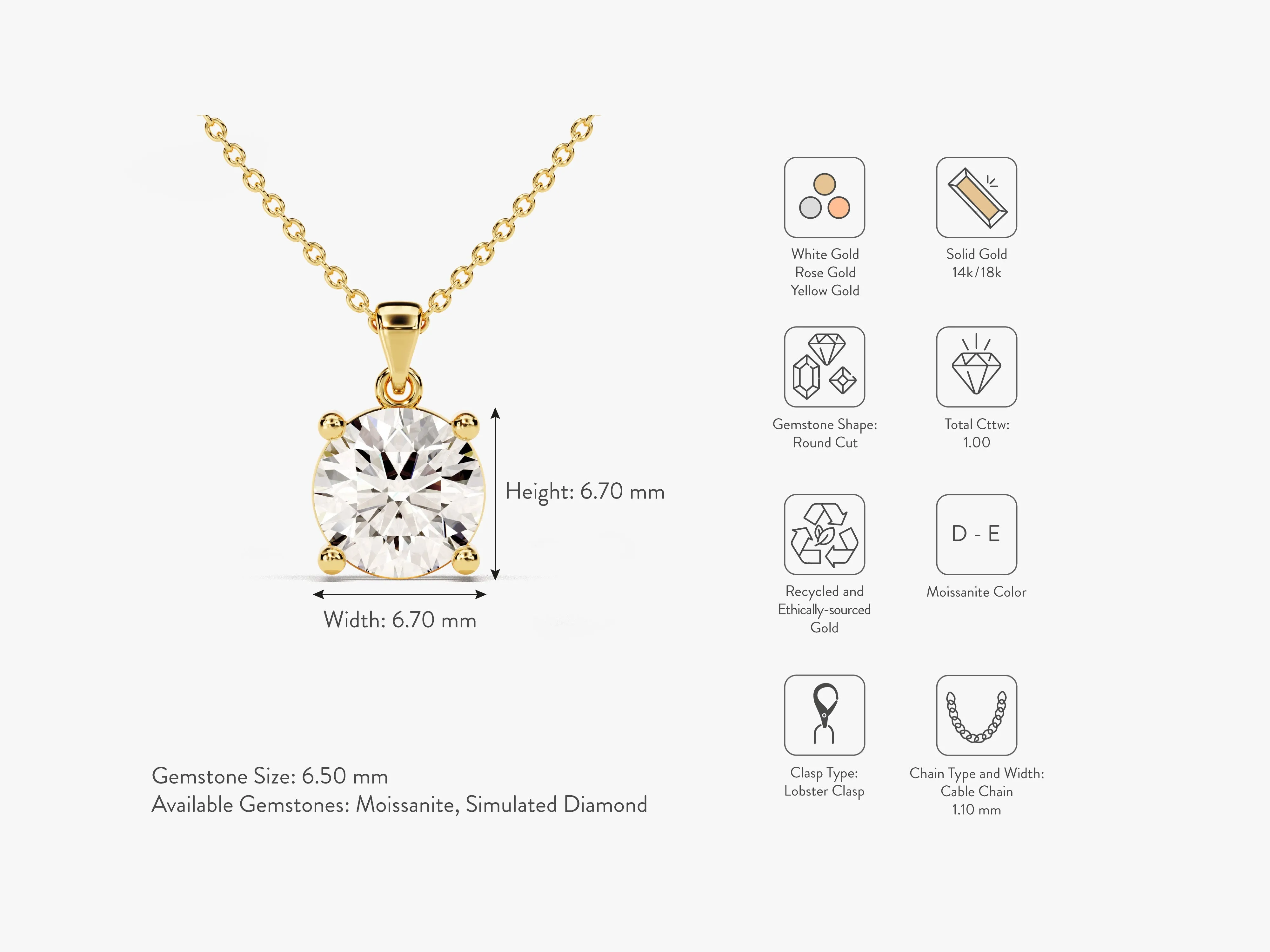 Prong Set Round Cut Moissanite Solitaire Pendant (1.00 CT)