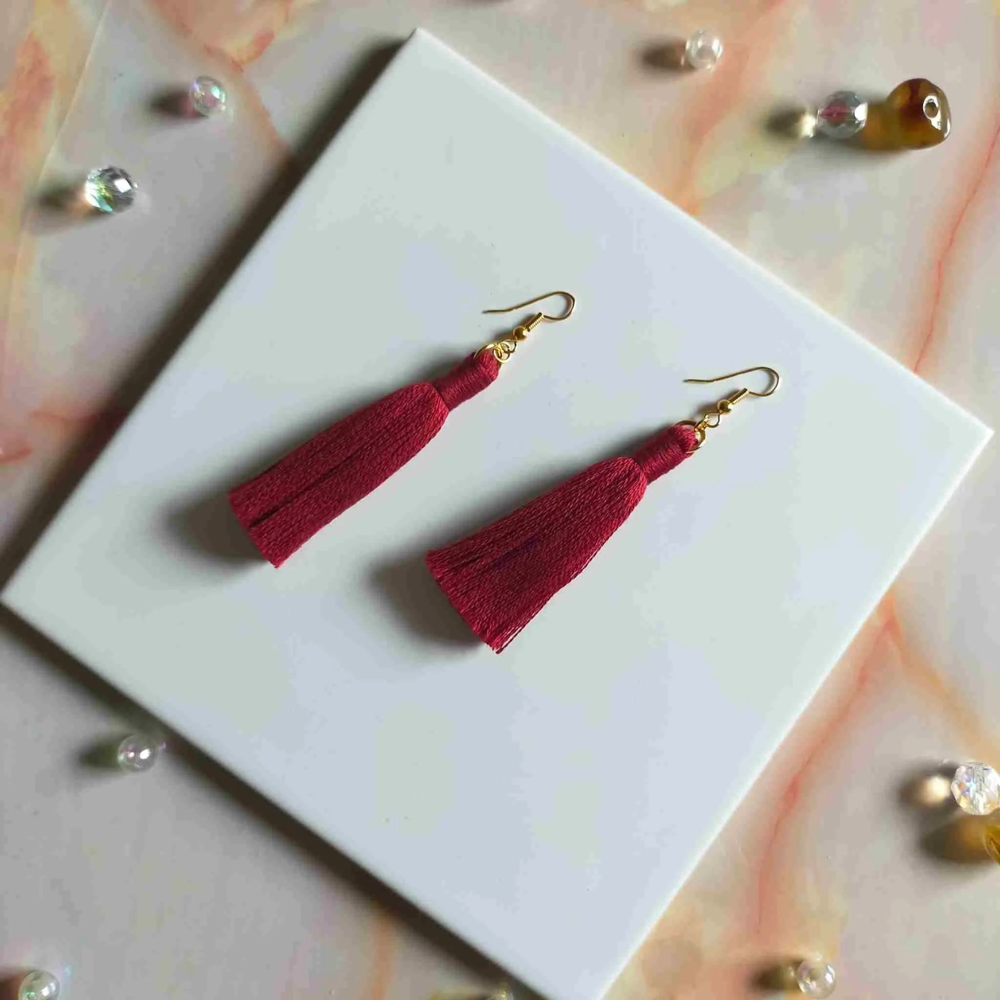 "Lia" Burgundy Gold Plated Cotton Macramé Tassel Earrings