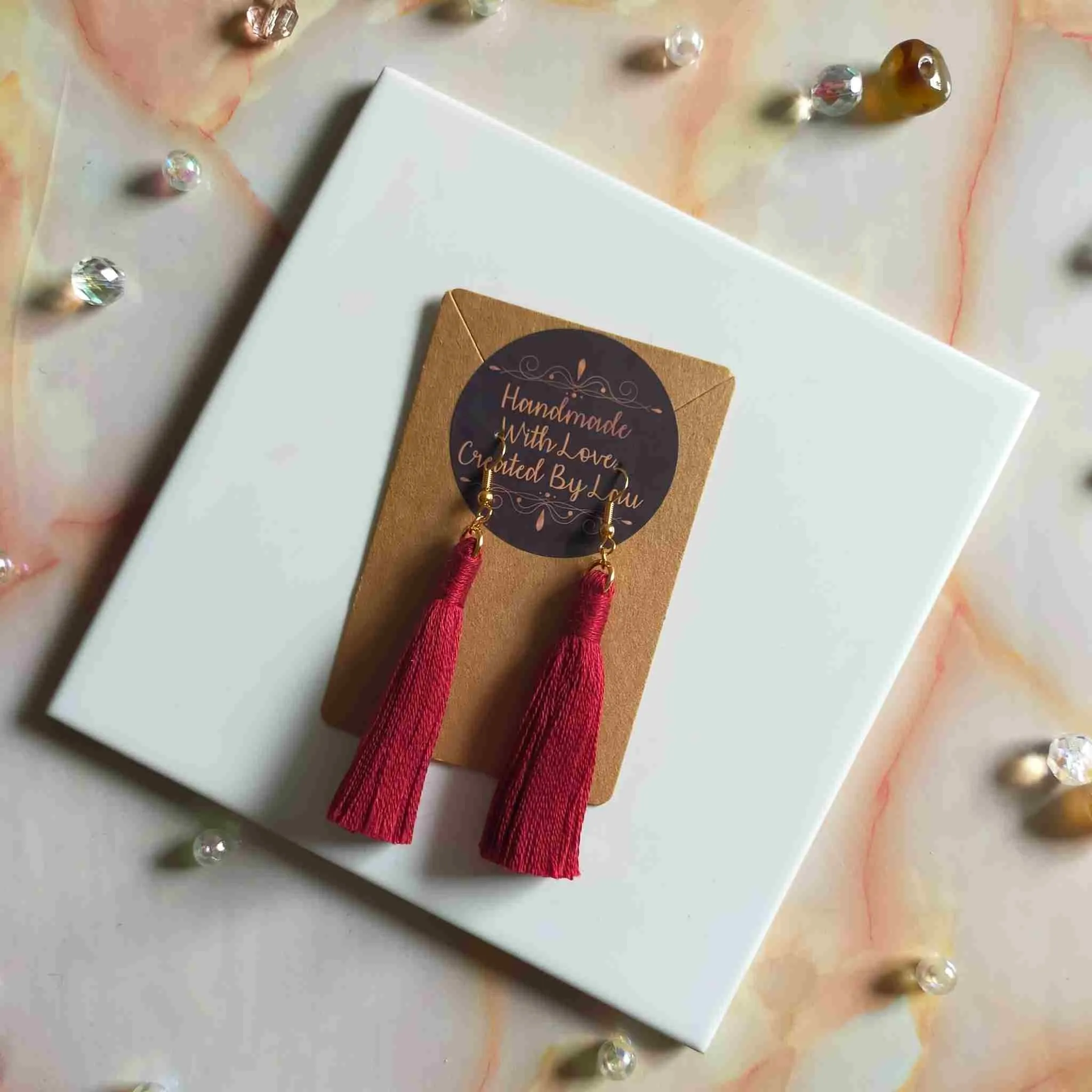 "Lia" Burgundy Gold Plated Cotton Macramé Tassel Earrings