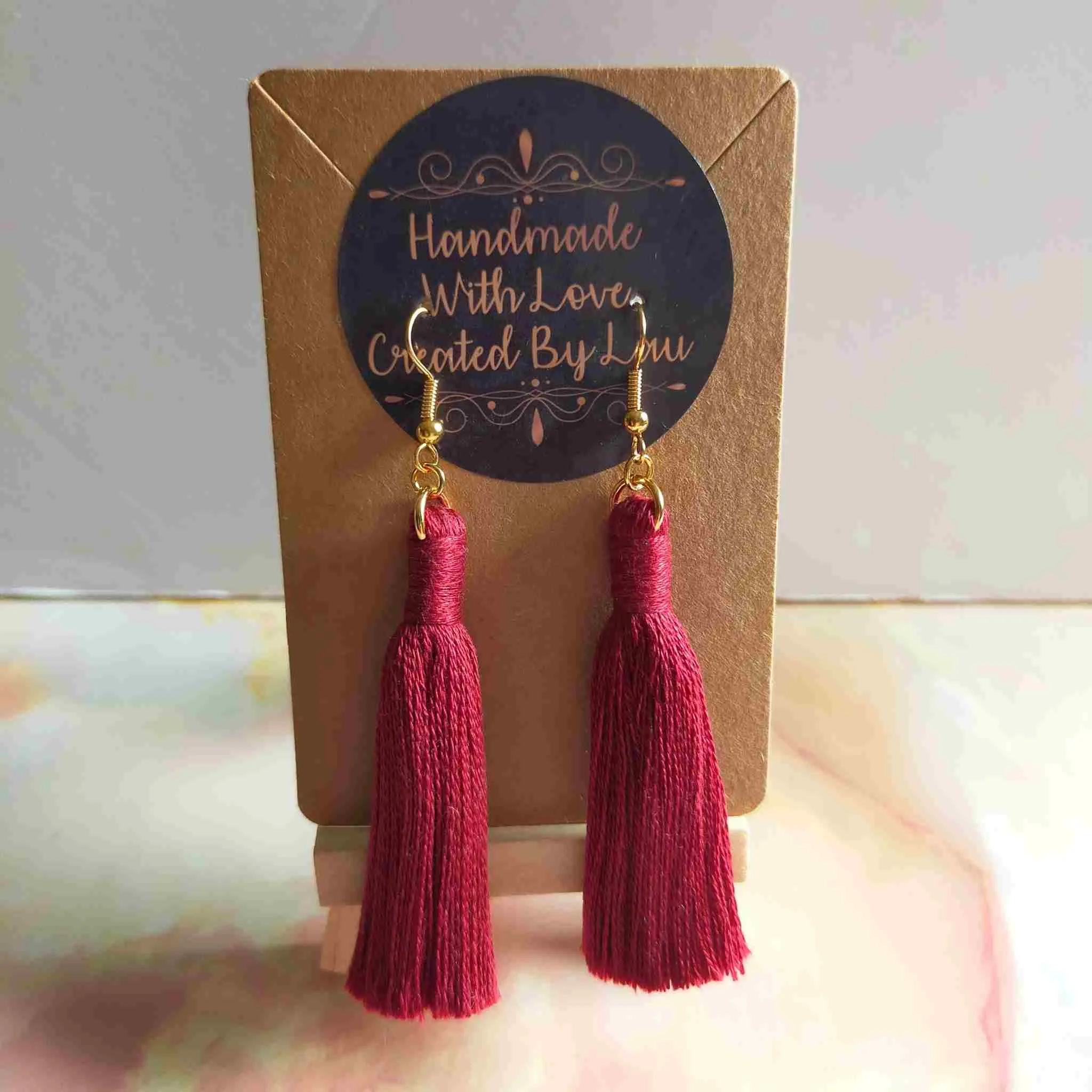 "Lia" Burgundy Gold Plated Cotton Macramé Tassel Earrings
