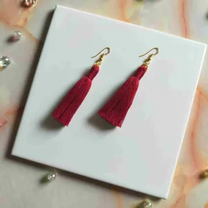 "Lia" Burgundy Gold Plated Cotton Macramé Tassel Earrings