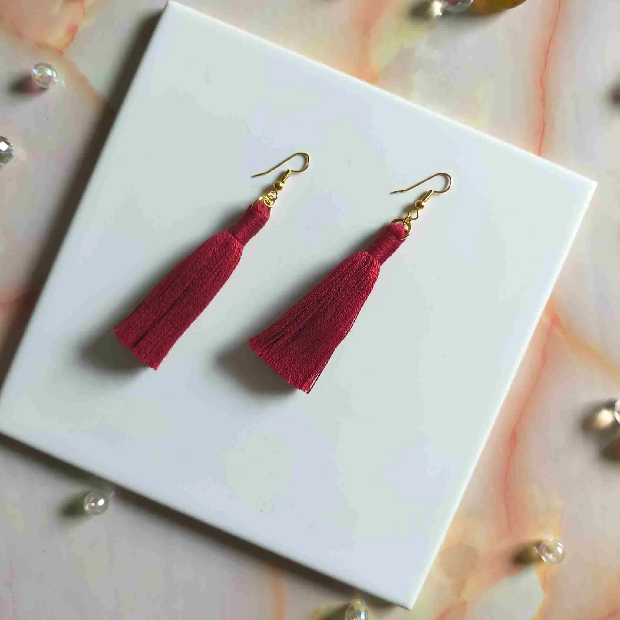 "Lia" Burgundy Gold Plated Cotton Macramé Tassel Earrings