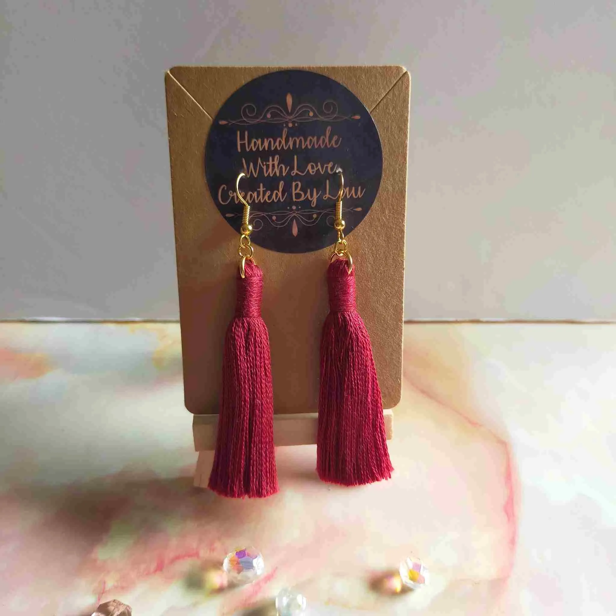"Lia" Burgundy Gold Plated Cotton Macramé Tassel Earrings