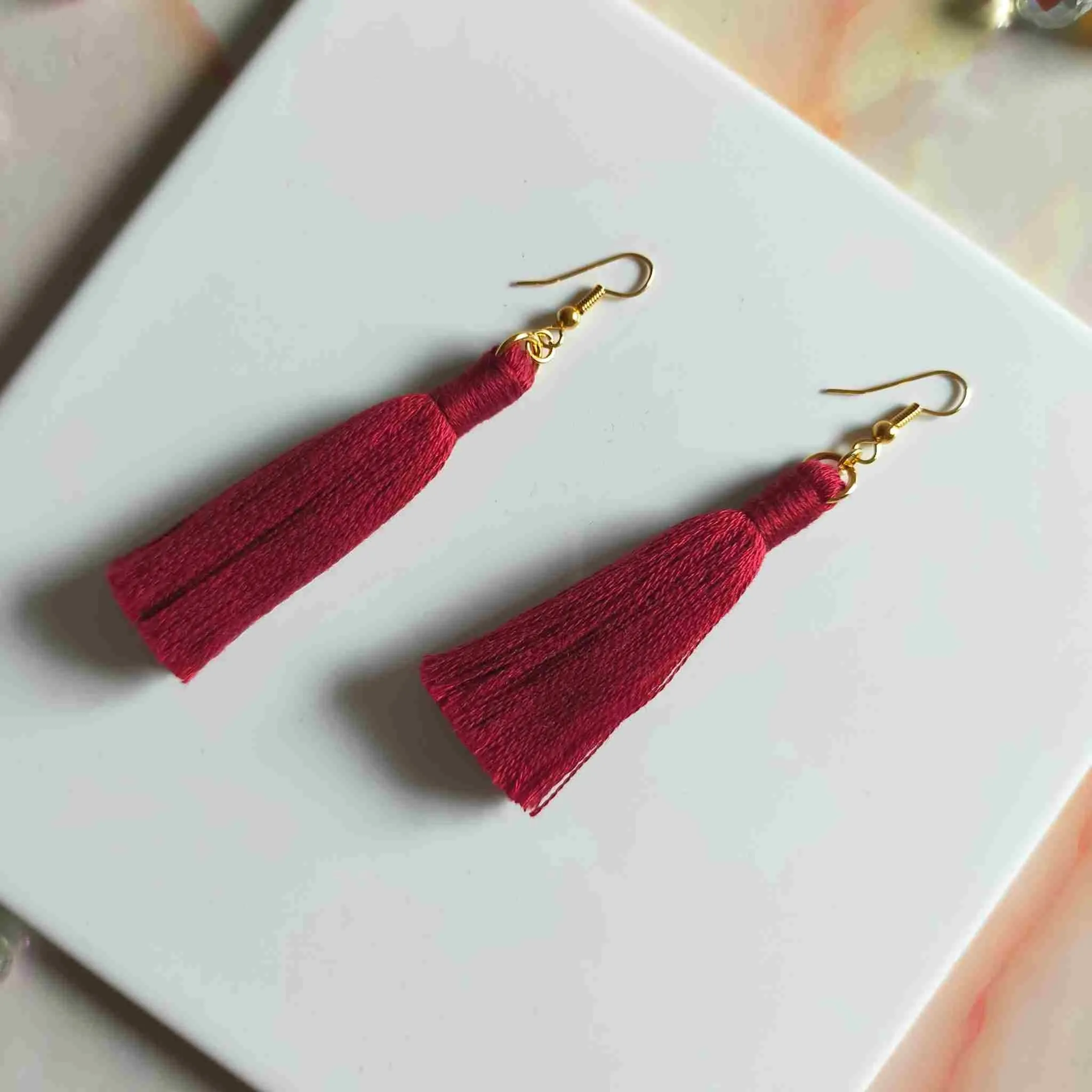 "Lia" Burgundy Gold Plated Cotton Macramé Tassel Earrings