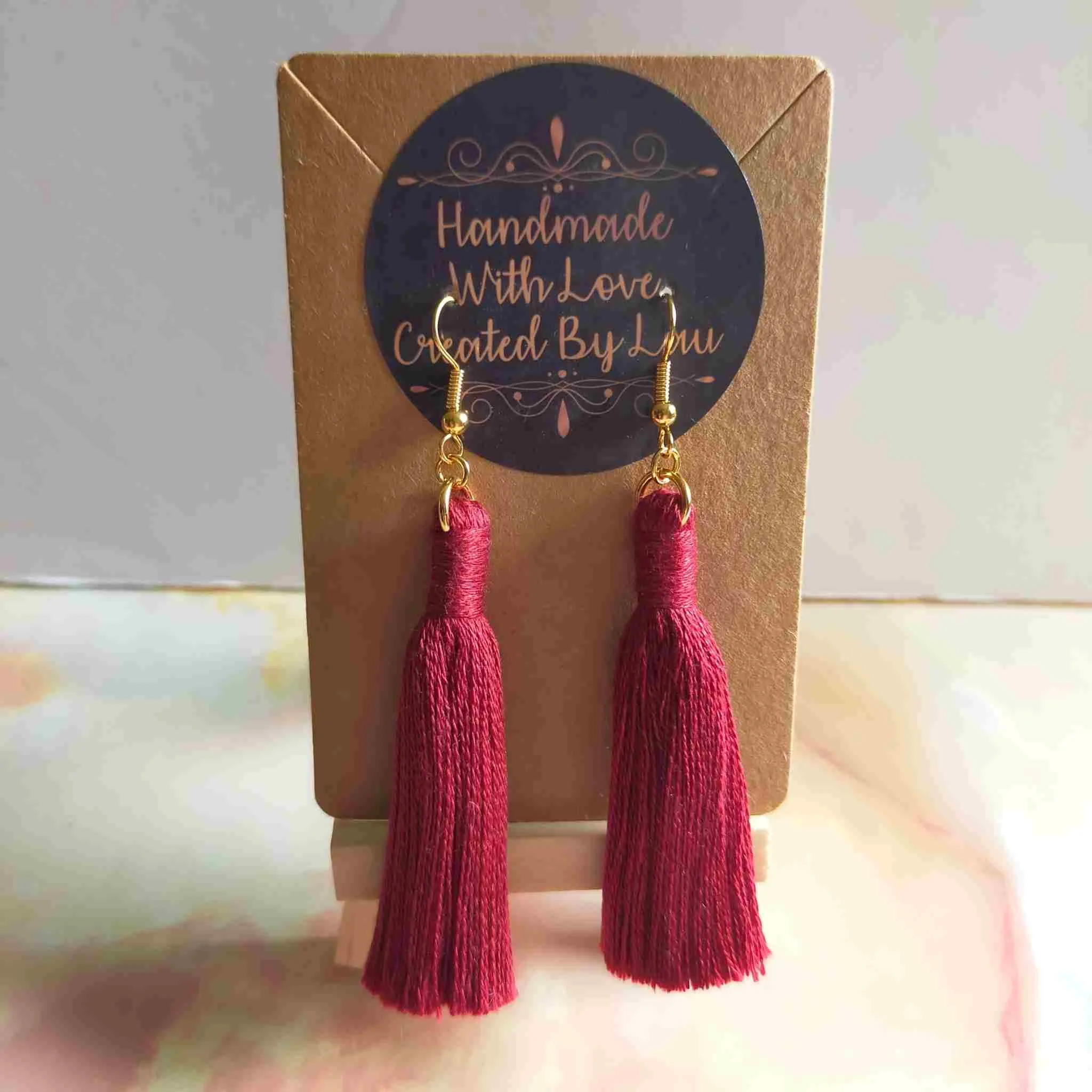"Lia" Burgundy Gold Plated Cotton Macramé Tassel Earrings