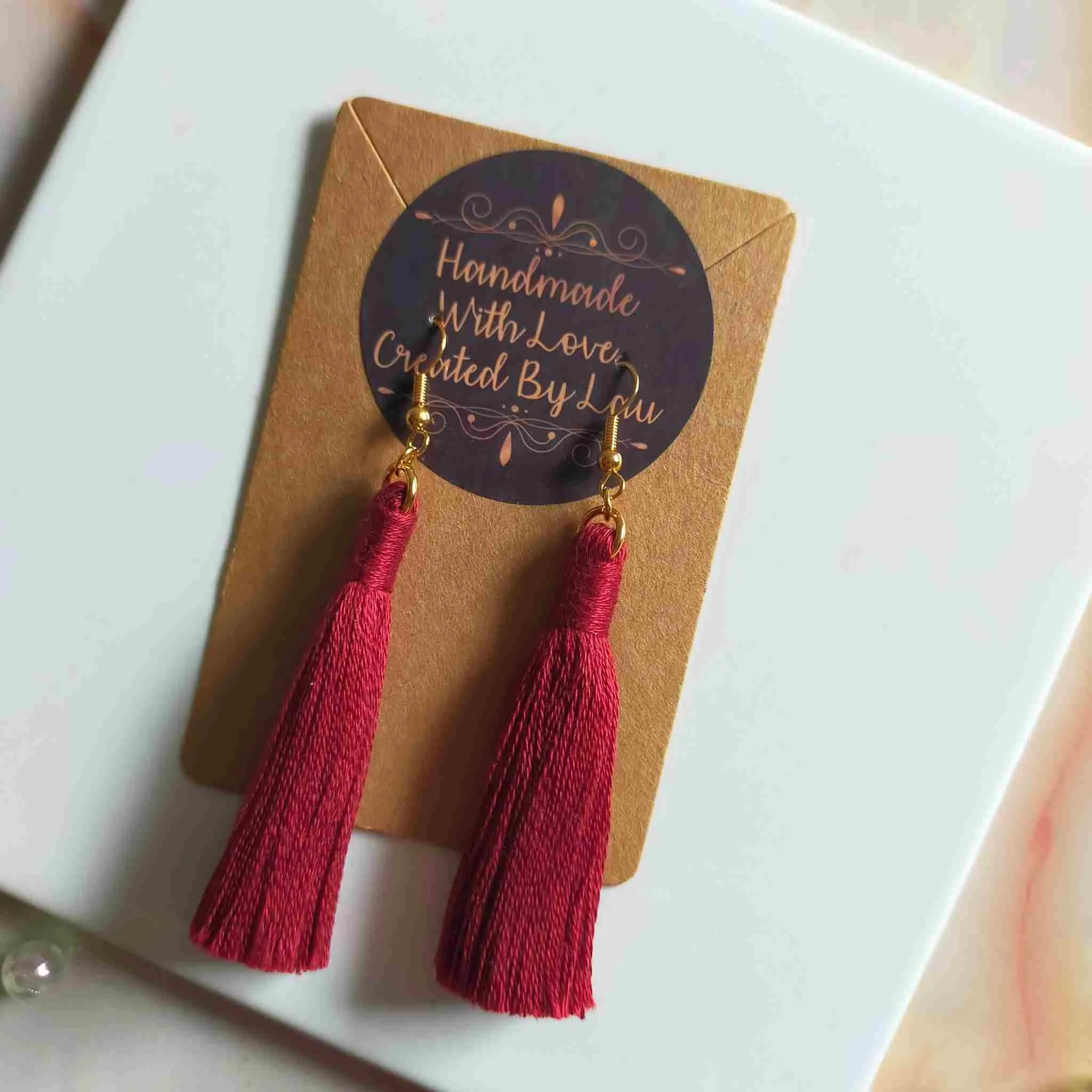 "Lia" Burgundy Gold Plated Cotton Macramé Tassel Earrings
