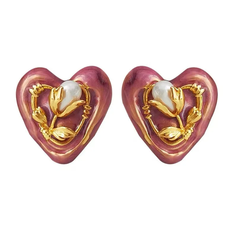Retro Minimal Dusty Rose Enamle Heart Stud Earrings