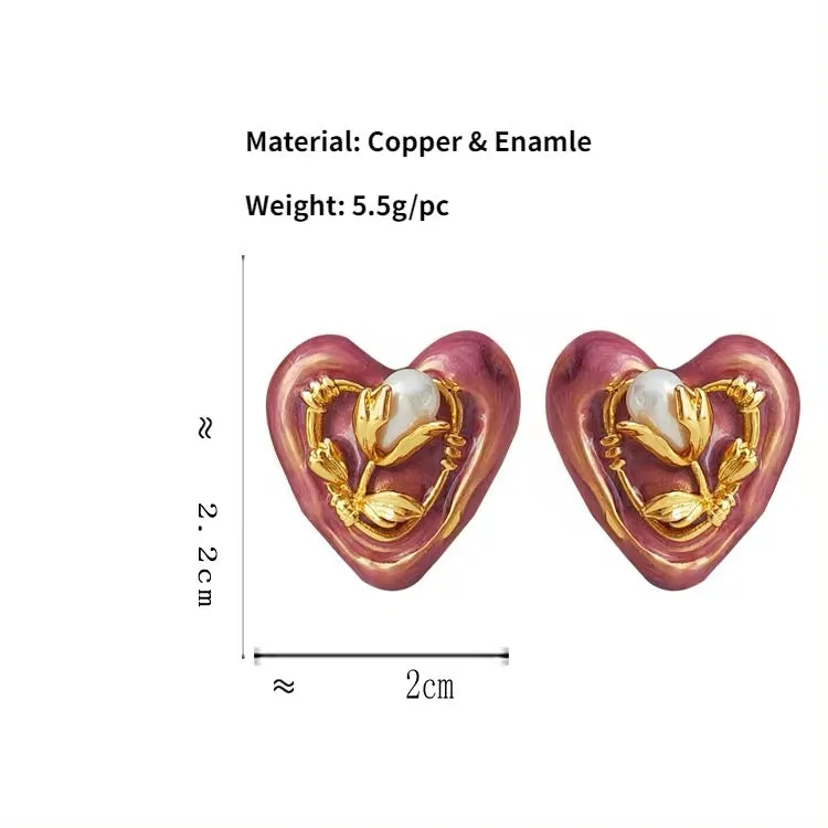 Retro Minimal Dusty Rose Enamle Heart Stud Earrings