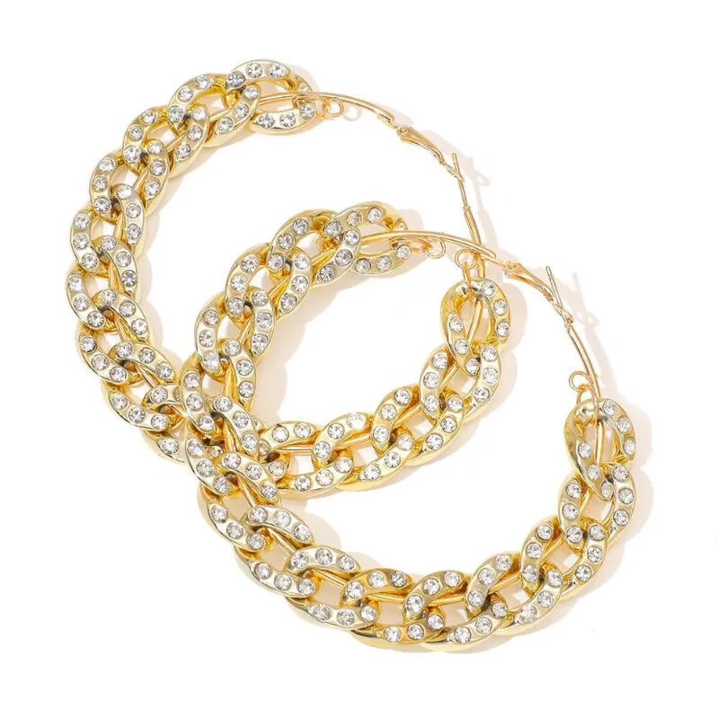 Rhinestone Embedded Chunky Chains Oversized Statement Hoop Earrings