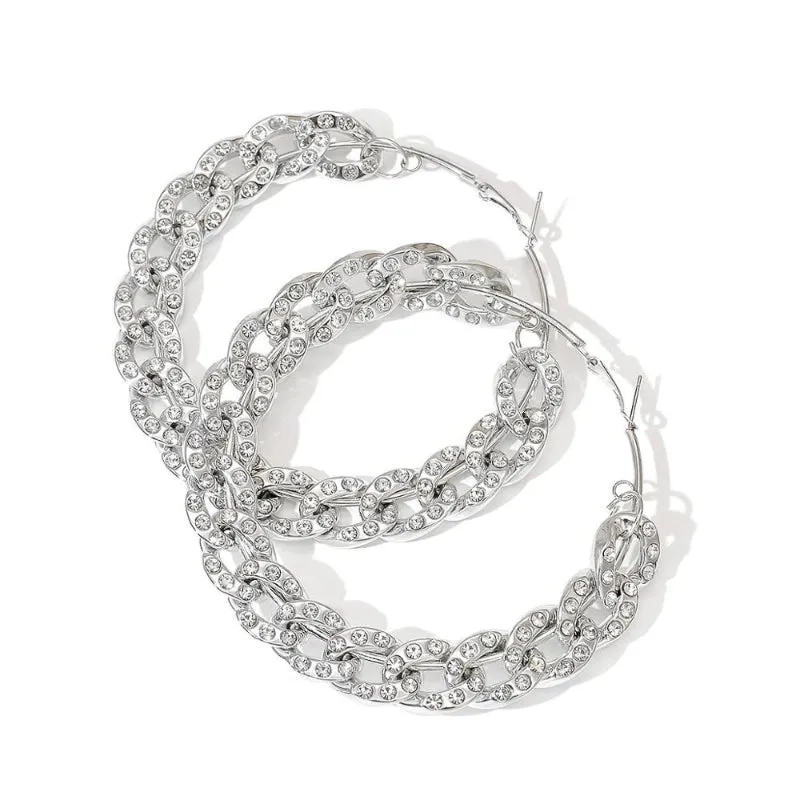 Rhinestone Embedded Chunky Chains Oversized Statement Hoop Earrings