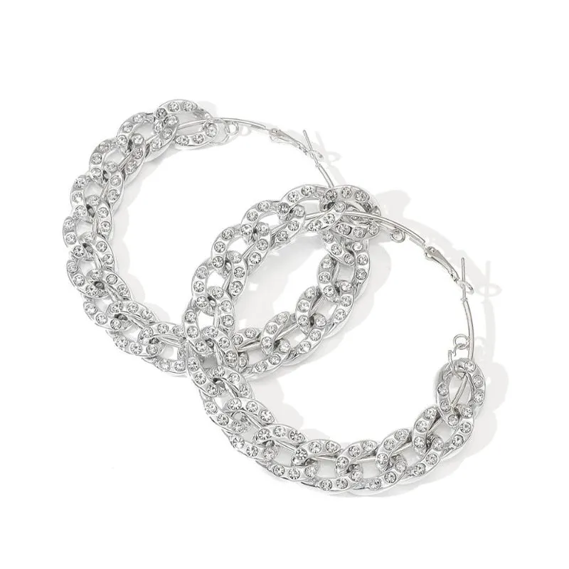 Rhinestone Embedded Chunky Chains Oversized Statement Hoop Earrings