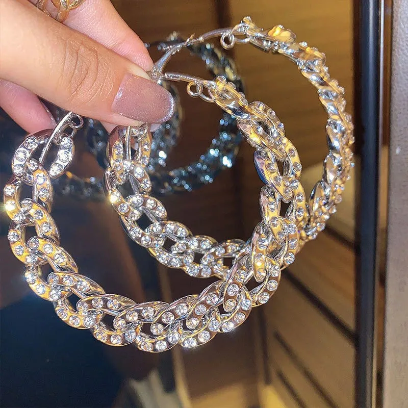 Rhinestone Embedded Chunky Chains Oversized Statement Hoop Earrings