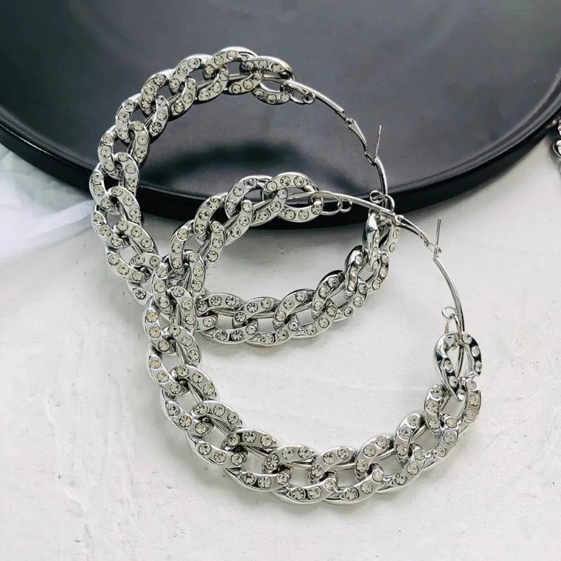 Rhinestone Embedded Chunky Chains Oversized Statement Hoop Earrings