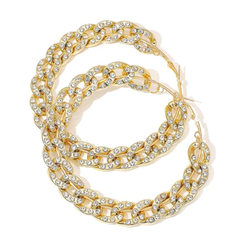 Rhinestone Embedded Chunky Chains Oversized Statement Hoop Earrings