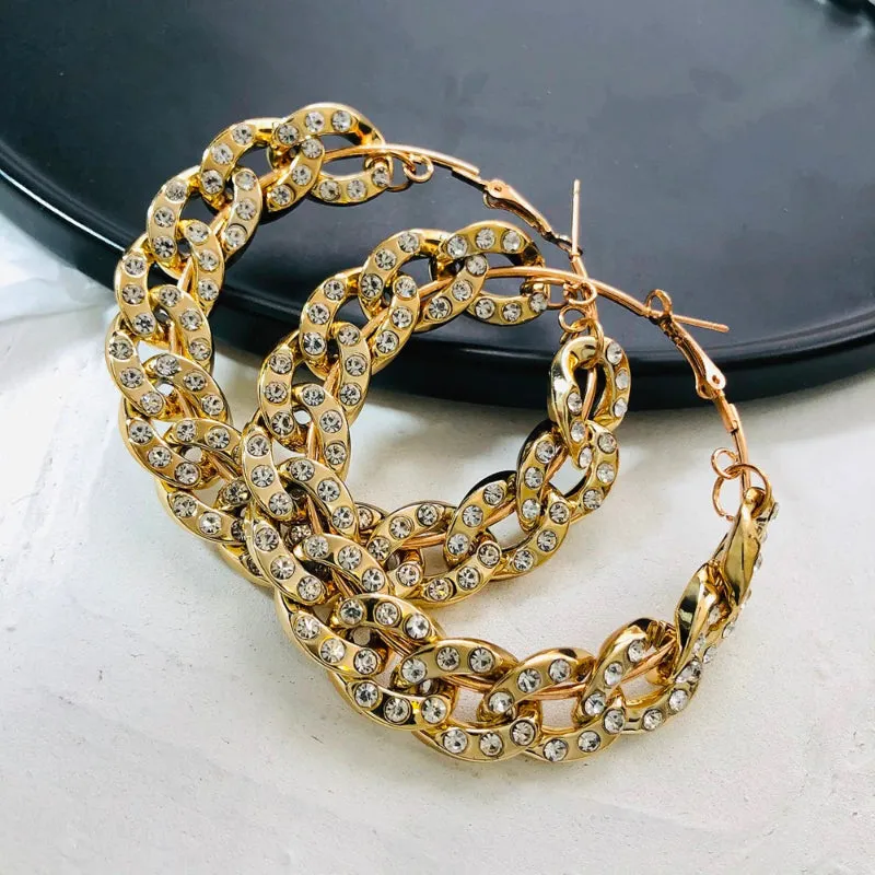 Rhinestone Embedded Chunky Chains Oversized Statement Hoop Earrings