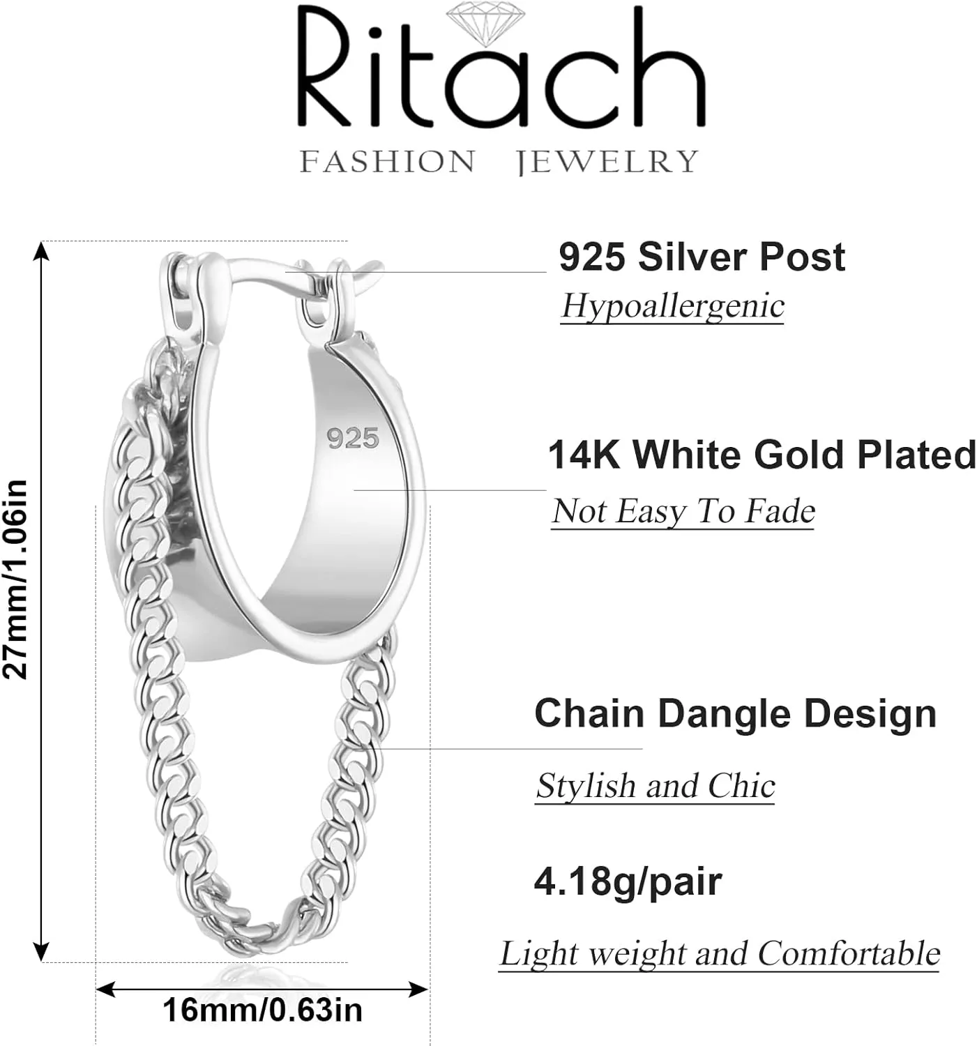 Ritach Gold Chain Earrings for Women Trendy Dainty 925 Sterling Silver Post 14k Gold Plated Chain Tassel Dangle Hoop Earrings for Gifts