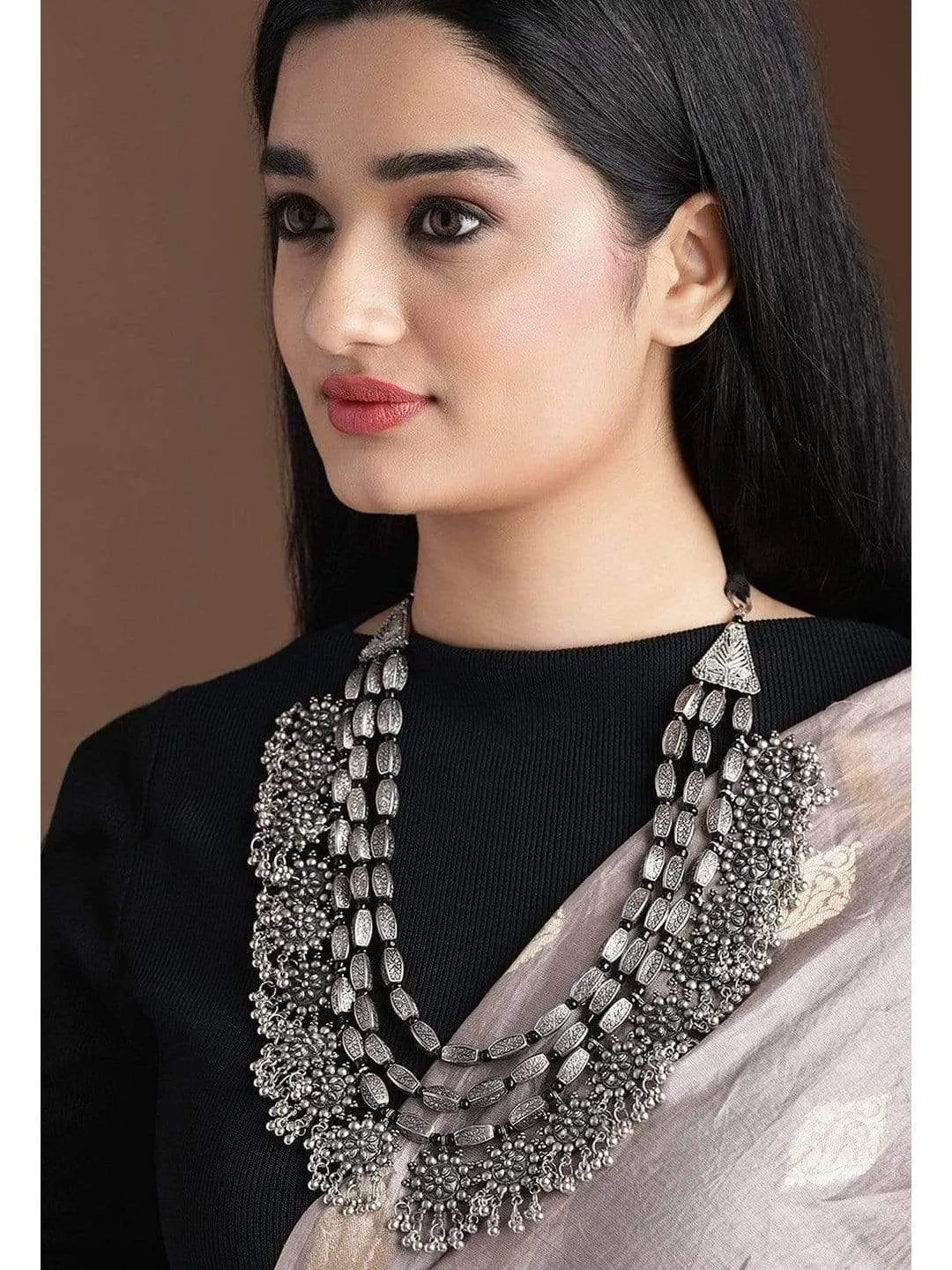 Rubans Oxidised Silver Toned Embellished With Multilayer Statement Necklace