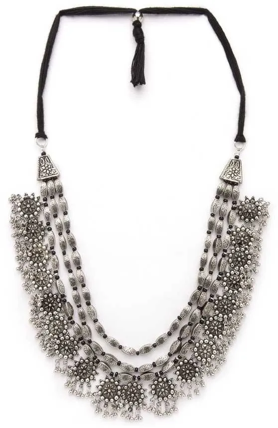 Rubans Oxidised Silver Toned Embellished With Multilayer Statement Necklace
