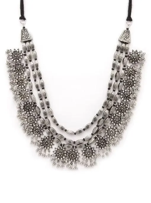 Rubans Oxidised Silver Toned Embellished With Multilayer Statement Necklace