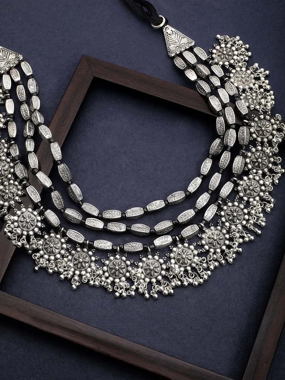 Rubans Oxidised Silver Toned Embellished With Multilayer Statement Necklace