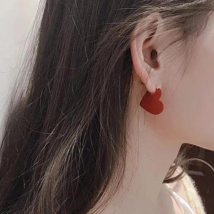S925 Sterling Silver Post Simplicity Heart Stud Earrings-Red