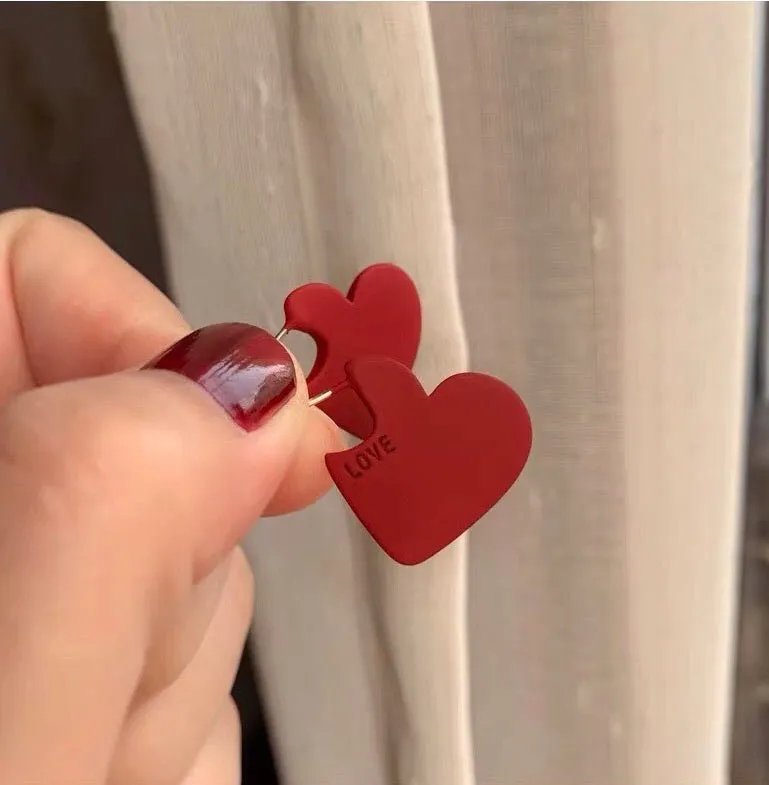 S925 Sterling Silver Post Simplicity Heart Stud Earrings-Red