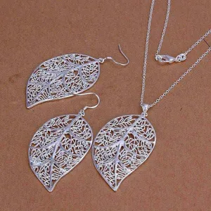 Silver plated leaf jewelry sets necklace bracelet bangle earring ring