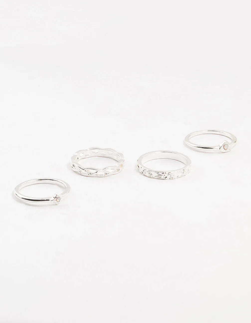 Silver Stone & Braided Rings 4-Pack