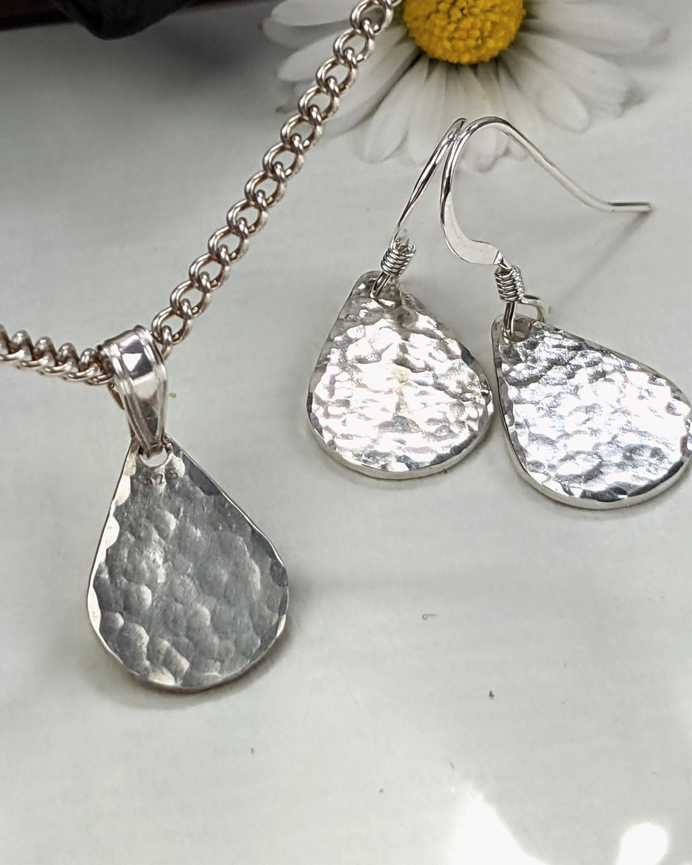 Simple silver hammered teardrop necklace, dainty pendant, birthday gift