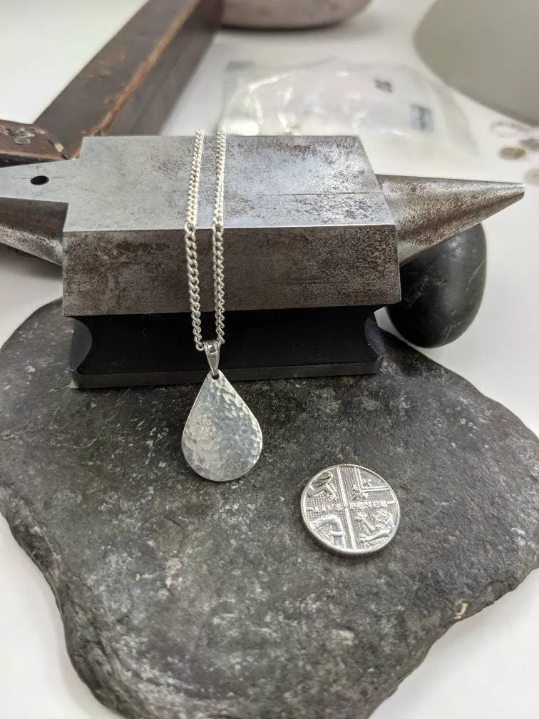 Simple silver hammered teardrop necklace, dainty pendant, birthday gift