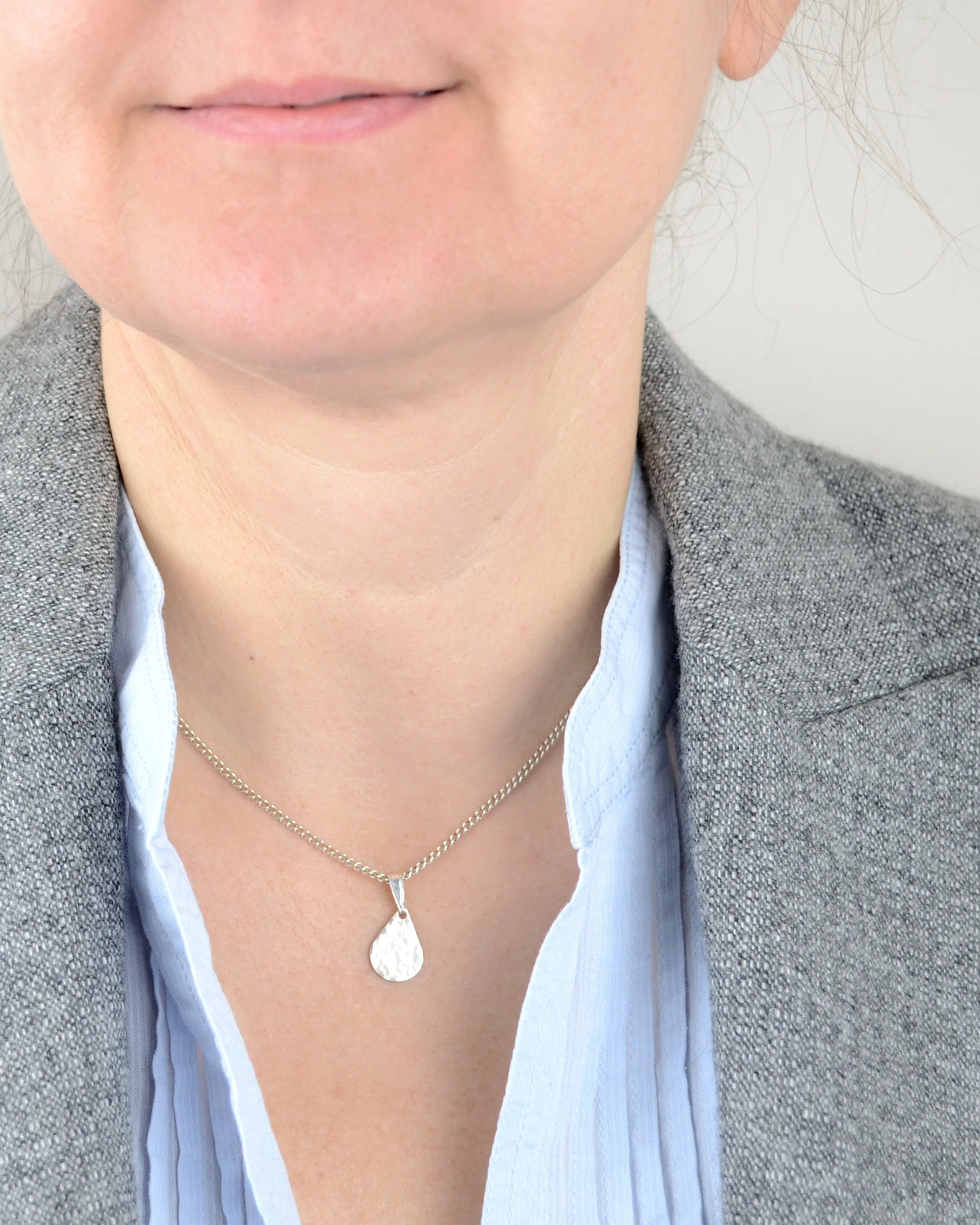 Simple silver hammered teardrop necklace, dainty pendant, birthday gift