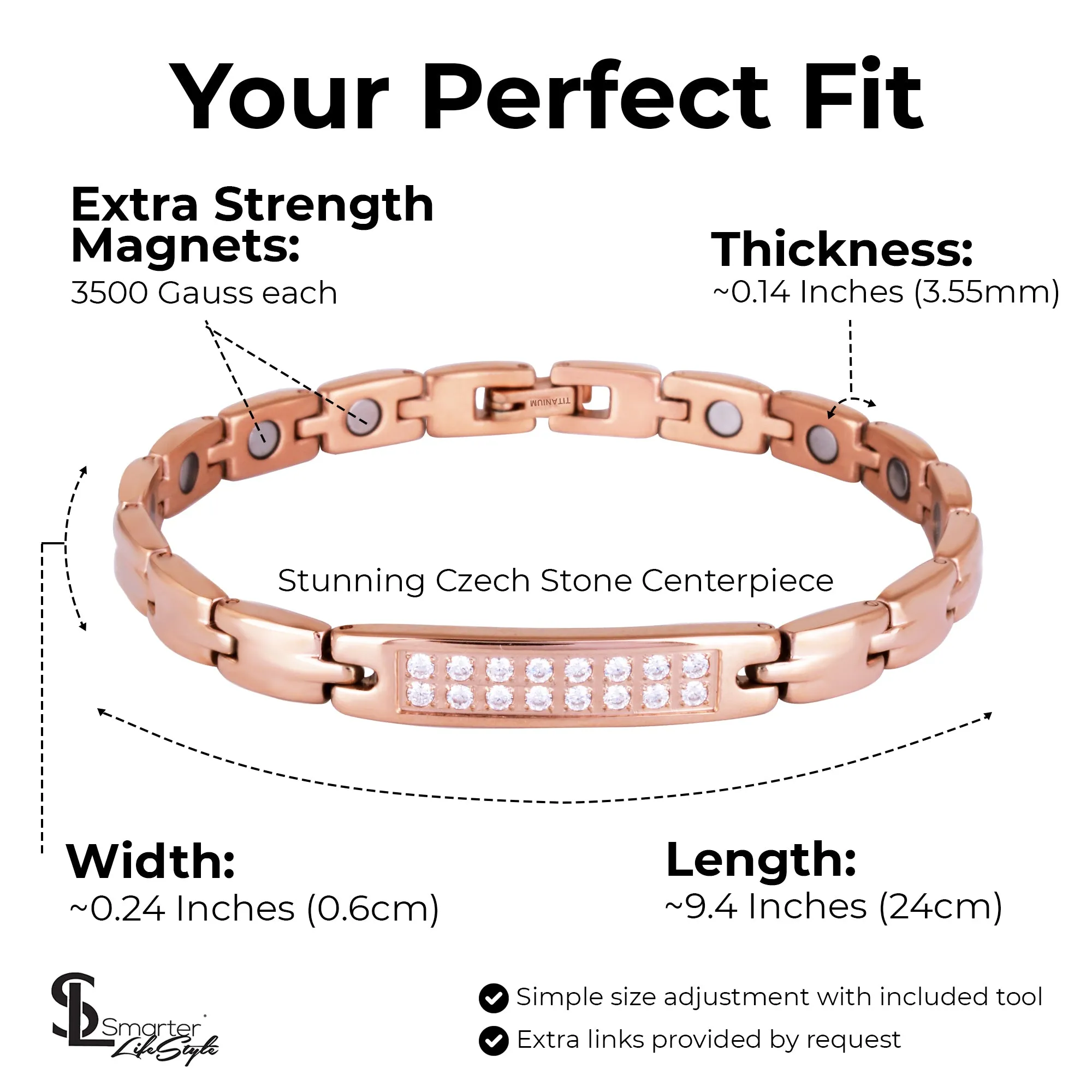 Sparkling Womens Czech Crystal Titanium Magnetic Therapy Anklet/Large Bracelet: 9.4 inches (24cm) / Rose Gold
