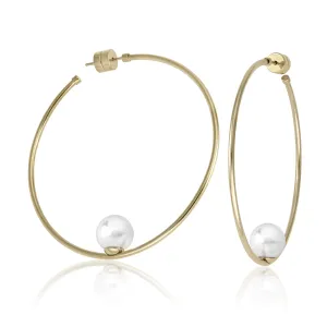 Steel Gold Plated Earrings with Post and Organic Pearl for Women, 10mm Round White Pearl, 2.3" Length, Marianela Collection