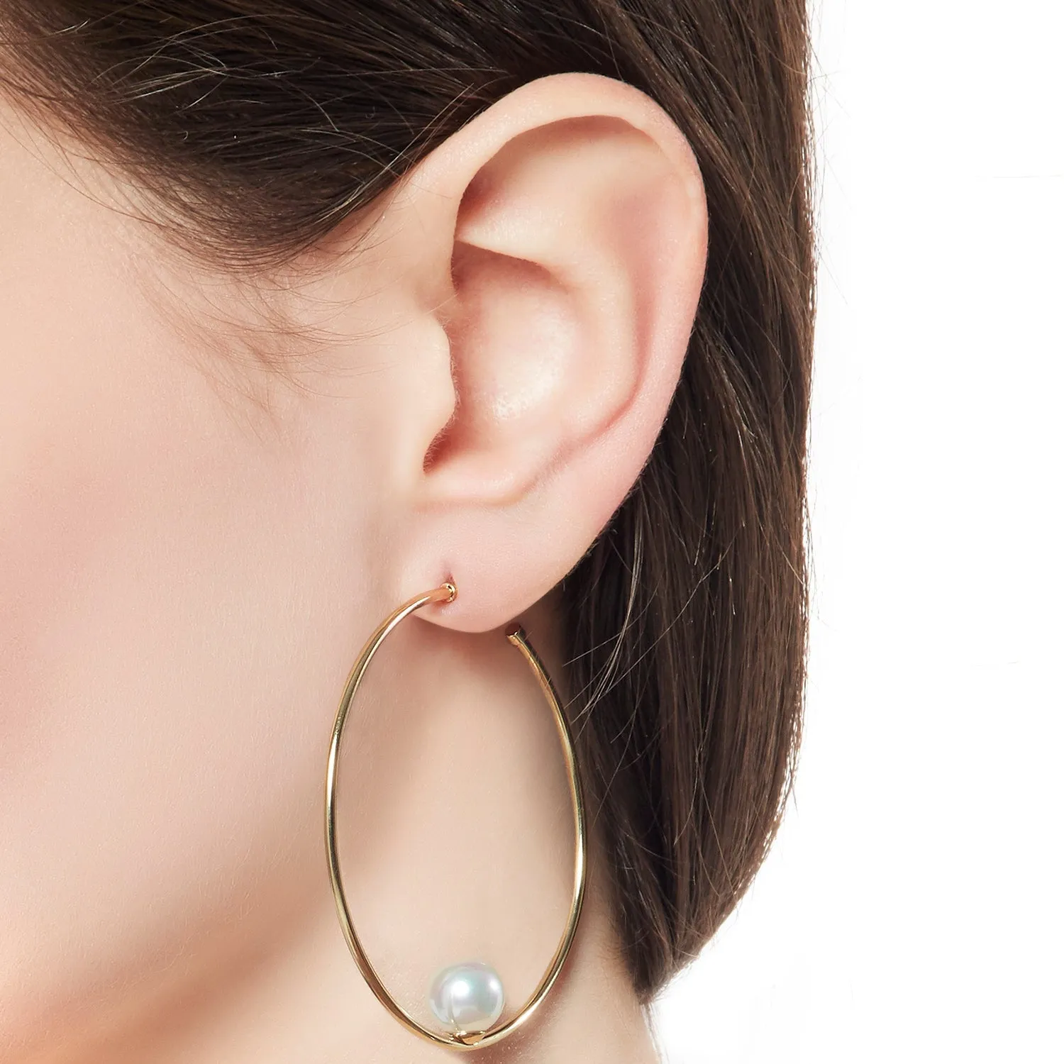 Steel Gold Plated Earrings with Post and Organic Pearl for Women, 10mm Round White Pearl, 2.3" Length, Marianela Collection