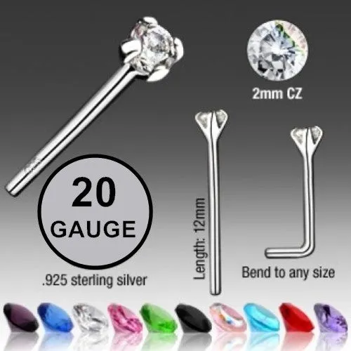 Sterling Silver Bendable Nose Studs with 2mm C.Z