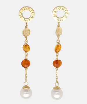 Sterling Silver Gold Plated Long 2.5 Earrings, for Women with Post and Organic Pearl, 8mm Round White Pearls and Amber Murano Crystals, Algaida Collection