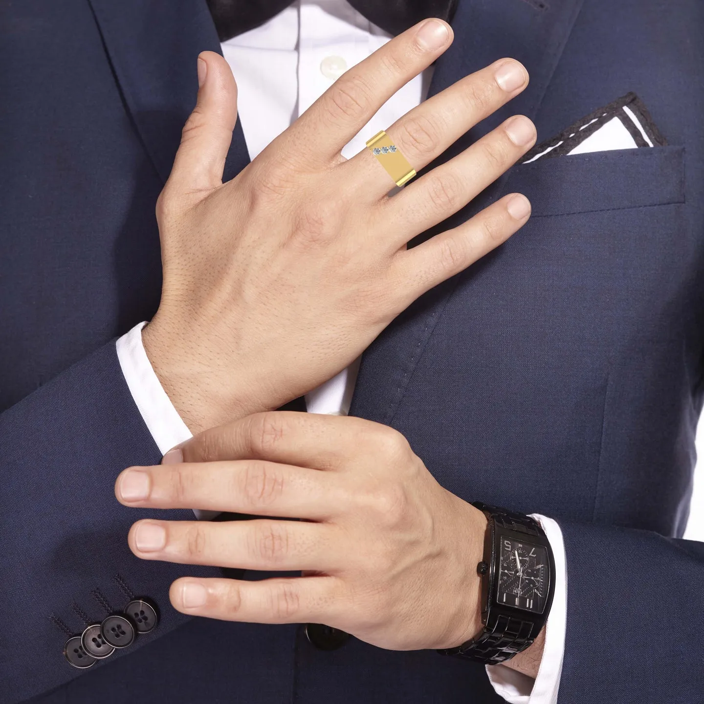 Three Stone Cross Line Men's Silver Ring