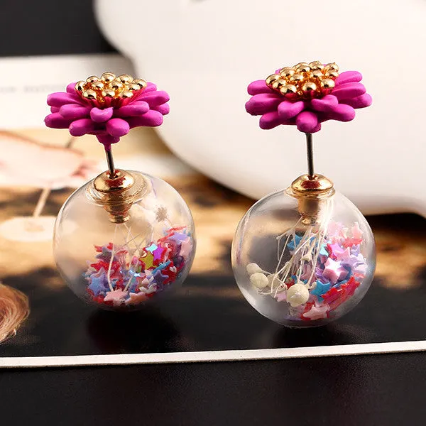 Trendy Ball Double Side Stud Earrings Glass Beads Elegant Sunflower Statement Earrings Summer Style Fashion Jewelry
