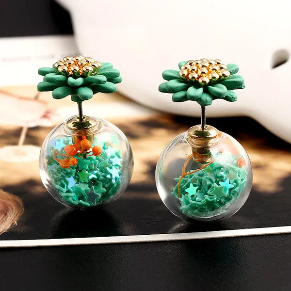 Trendy Ball Double Side Stud Earrings Glass Beads Elegant Sunflower Statement Earrings Summer Style Fashion Jewelry